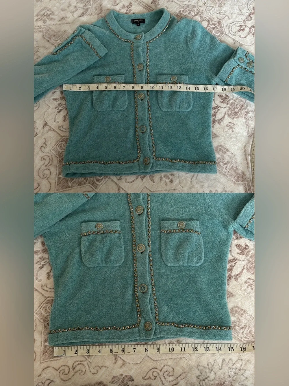 Chanel 2020 cruise resort terry cloth aqua jacket with chain detail size 34